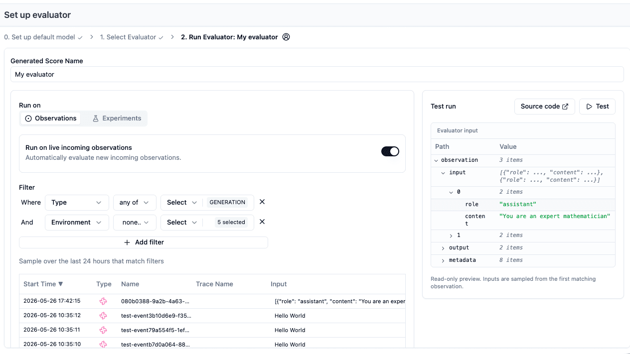 Configure the code evaluator run target and filters